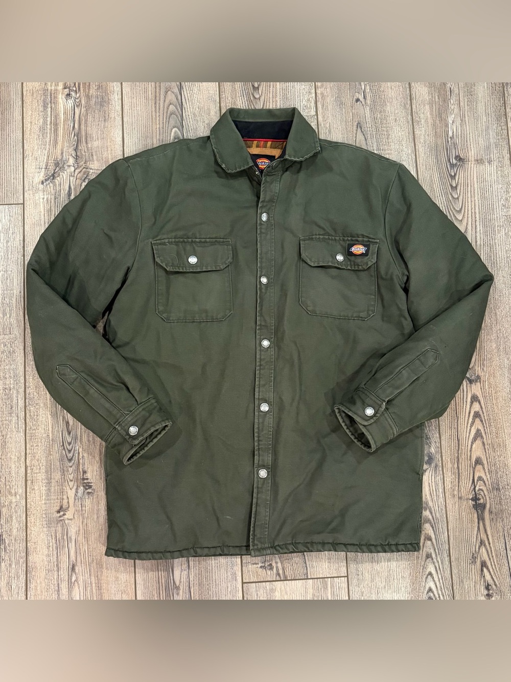 Dickies Men's Olive Green Work Shirt Jacket Utility Canvas Medium Flannel Lined